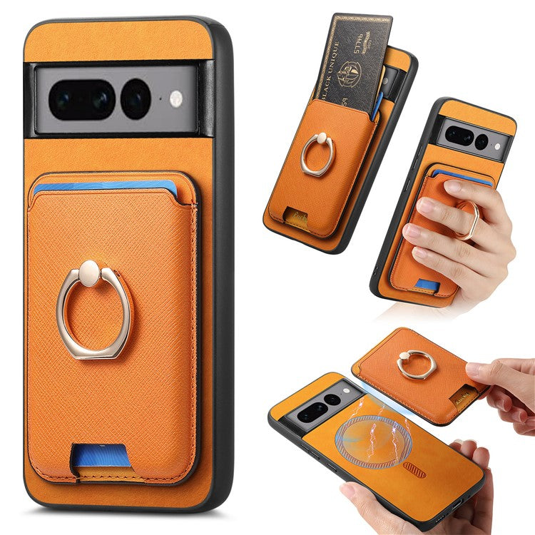 For Google Pixel 7 Pro 5G Magnetic Phone Case with Detachable Ring Holder Card Bag - Orange