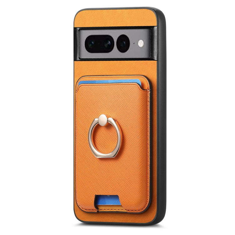 For Google Pixel 7 Pro 5G Magnetic Phone Case with Detachable Ring Holder Card Bag - Orange