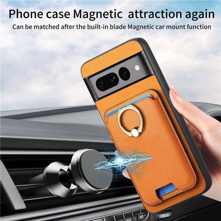 For Google Pixel 7 Pro 5G Magnetic Phone Case with Detachable Ring Holder Card Bag - Orange