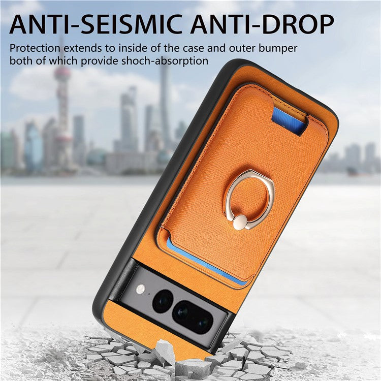 For Google Pixel 7 Pro 5G Magnetic Phone Case with Detachable Ring Holder Card Bag - Orange