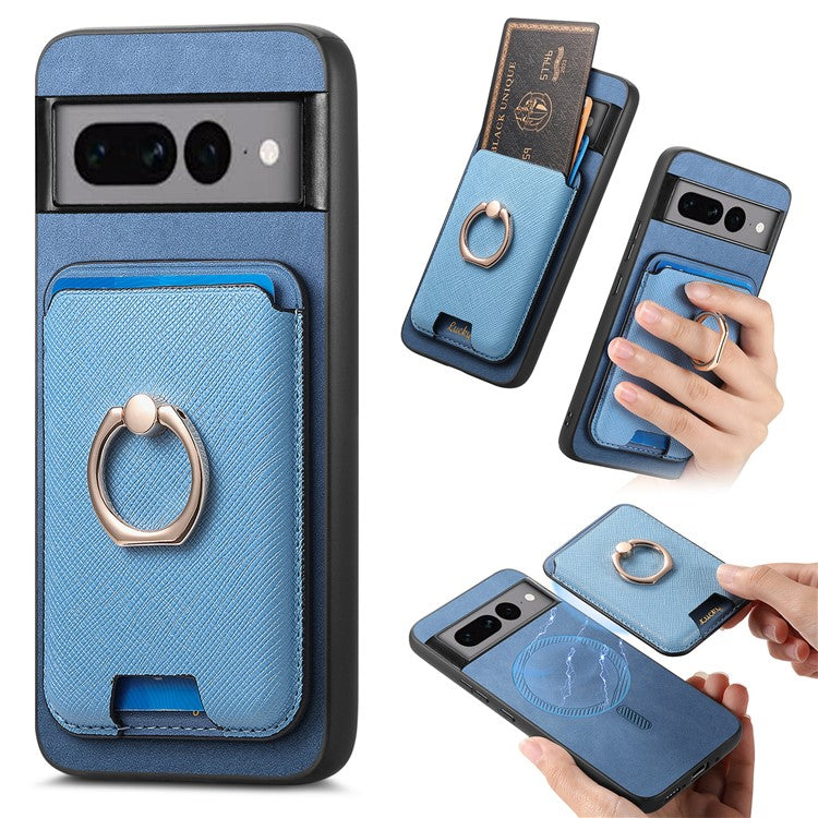 For Google Pixel 7 Pro 5G Magnetic Phone Case with Detachable Ring Holder Card Bag - Blue