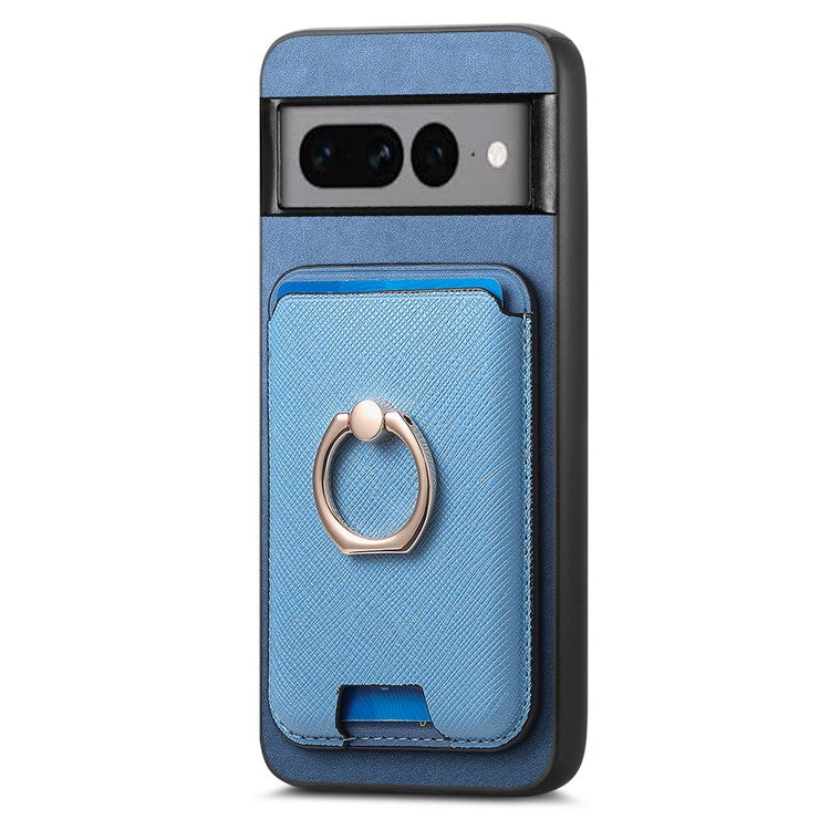 For Google Pixel 7 Pro 5G Magnetic Phone Case with Detachable Ring Holder Card Bag - Blue