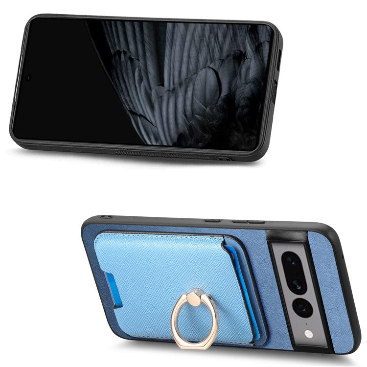 For Google Pixel 7 Pro 5G Magnetic Phone Case with Detachable Ring Holder Card Bag - Blue