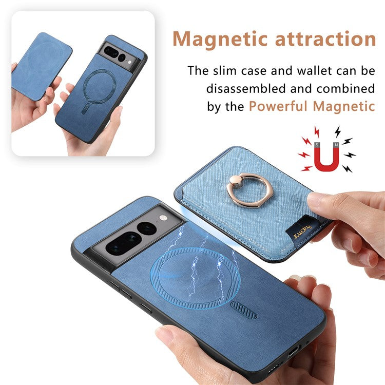 For Google Pixel 7 Pro 5G Magnetic Phone Case with Detachable Ring Holder Card Bag - Blue