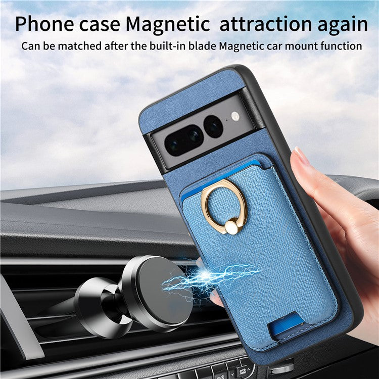 For Google Pixel 7 Pro 5G Magnetic Phone Case with Detachable Ring Holder Card Bag - Blue