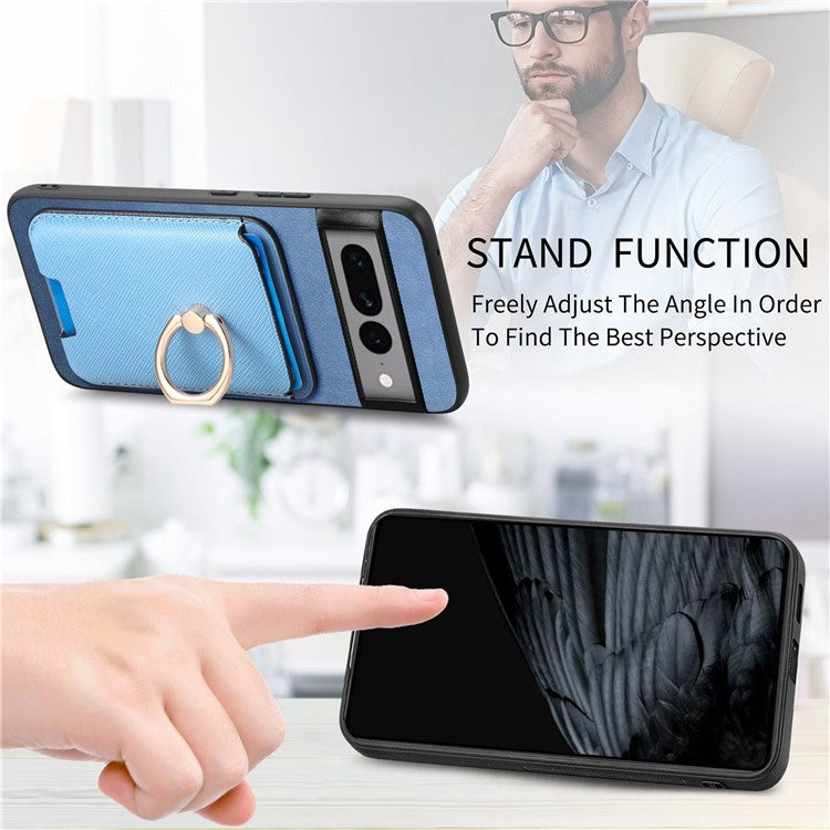 For Google Pixel 7 Pro 5G Magnetic Phone Case with Detachable Ring Holder Card Bag - Blue