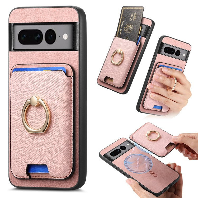 For Google Pixel 7 Pro 5G Magnetic Phone Case with Detachable Ring Holder Card Bag - Rose Gold