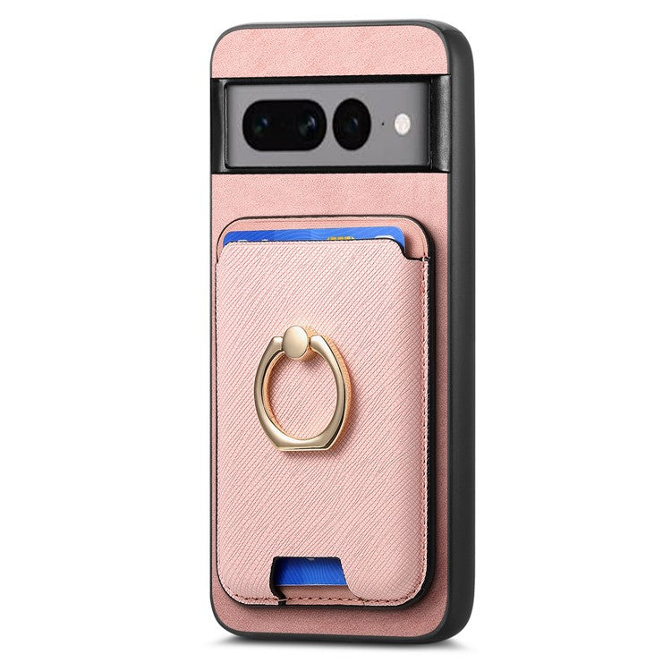 For Google Pixel 7 Pro 5G Magnetic Phone Case with Detachable Ring Holder Card Bag - Rose Gold