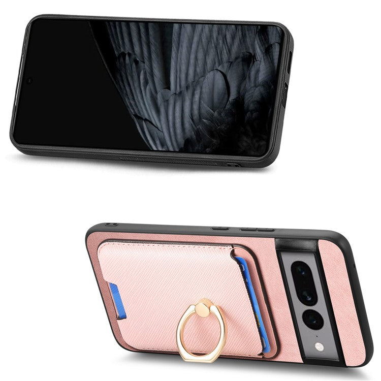 For Google Pixel 7 Pro 5G Magnetic Phone Case with Detachable Ring Holder Card Bag - Rose Gold