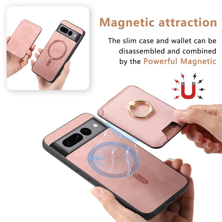 For Google Pixel 7 Pro 5G Magnetic Phone Case with Detachable Ring Holder Card Bag - Rose Gold