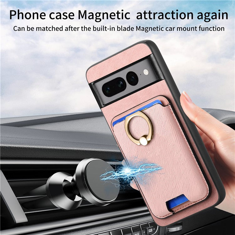 For Google Pixel 7 Pro 5G Magnetic Phone Case with Detachable Ring Holder Card Bag - Rose Gold