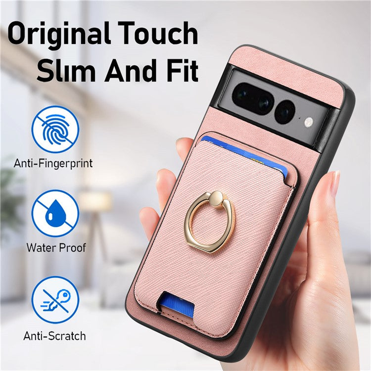 For Google Pixel 7 Pro 5G Magnetic Phone Case with Detachable Ring Holder Card Bag - Rose Gold