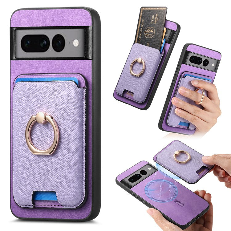 For Google Pixel 7 Pro 5G Magnetic Phone Case with Detachable Ring Holder Card Bag - Purple