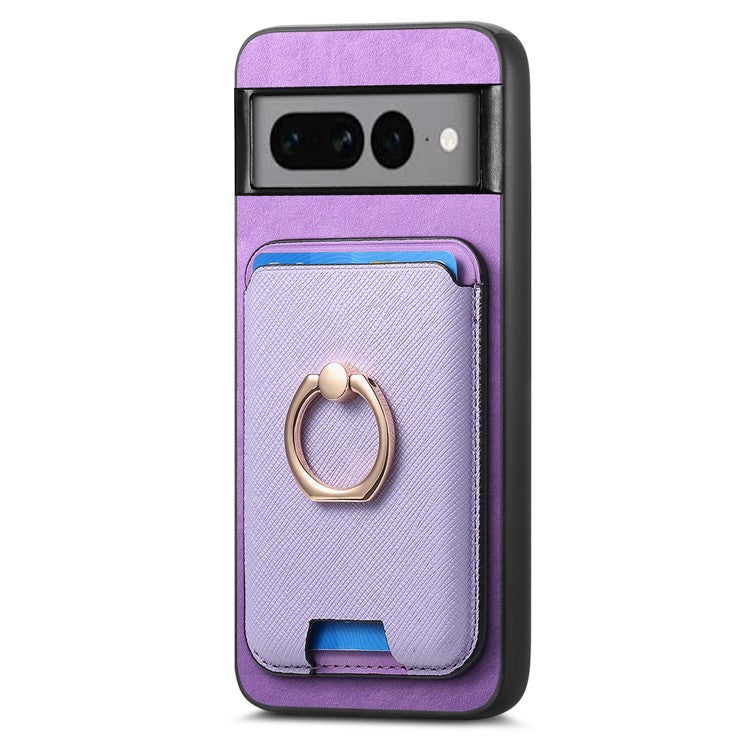 For Google Pixel 7 Pro 5G Magnetic Phone Case with Detachable Ring Holder Card Bag - Purple