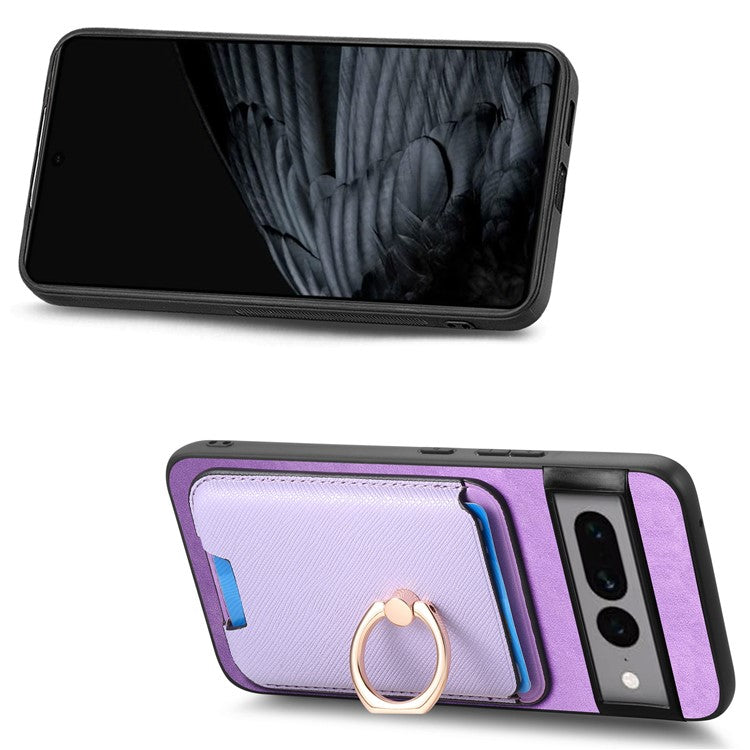 For Google Pixel 7 Pro 5G Magnetic Phone Case with Detachable Ring Holder Card Bag - Purple