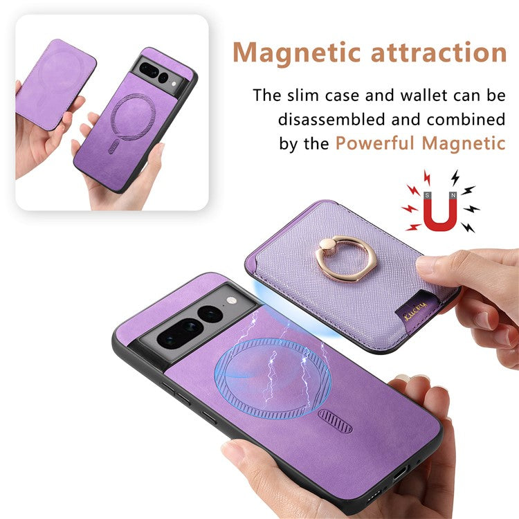 For Google Pixel 7 Pro 5G Magnetic Phone Case with Detachable Ring Holder Card Bag - Purple