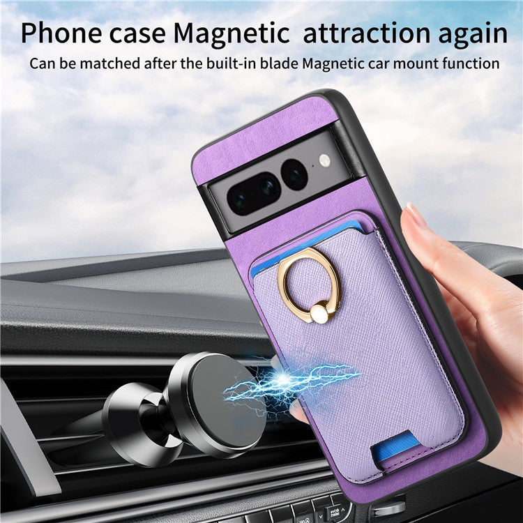 For Google Pixel 7 Pro 5G Magnetic Phone Case with Detachable Ring Holder Card Bag - Purple