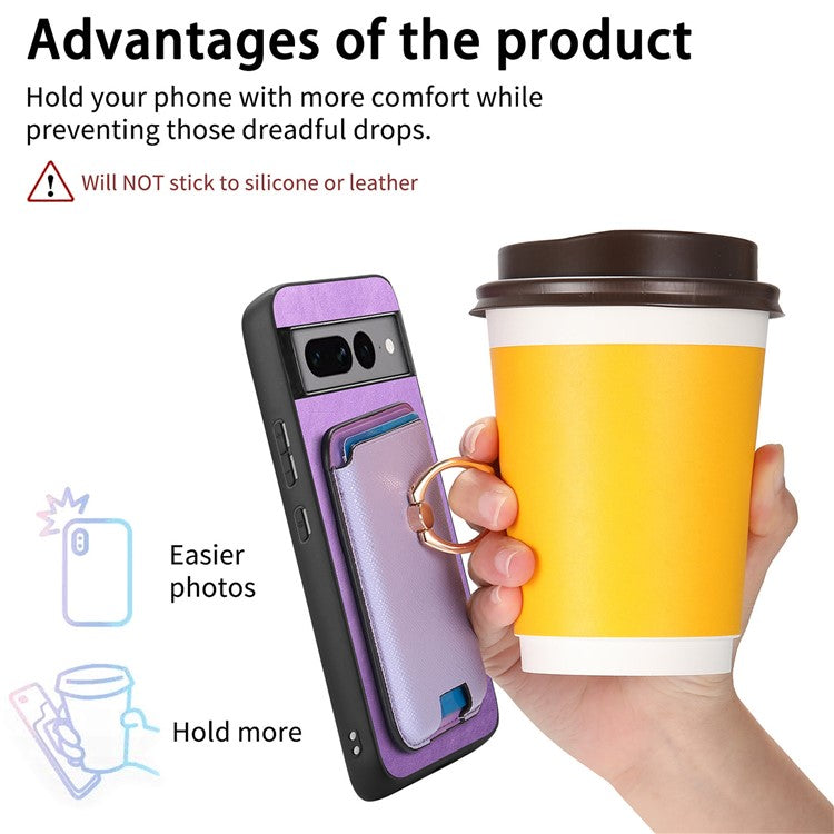 For Google Pixel 7 Pro 5G Magnetic Phone Case with Detachable Ring Holder Card Bag - Purple