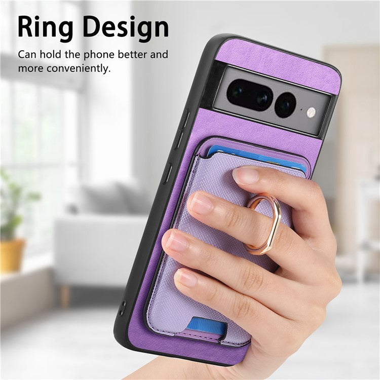 For Google Pixel 7 Pro 5G Magnetic Phone Case with Detachable Ring Holder Card Bag - Purple