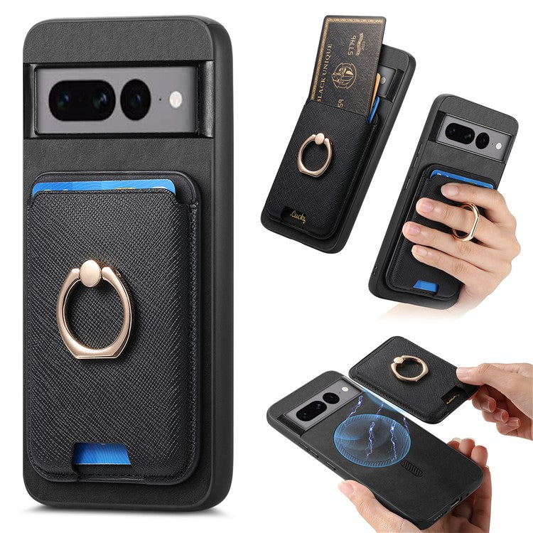 For Google Pixel 7 Pro 5G Magnetic Phone Case with Detachable Ring Holder Card Bag - Black