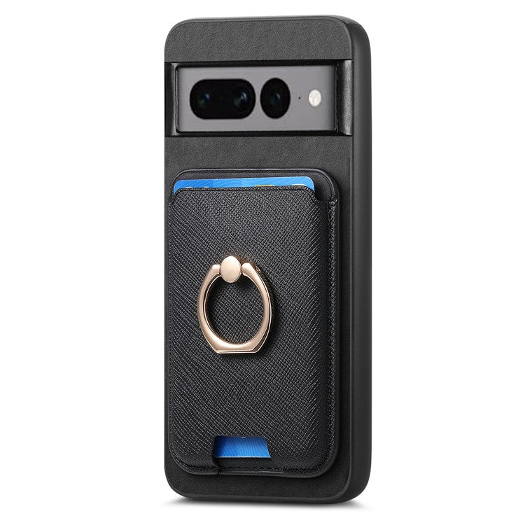 For Google Pixel 7 Pro 5G Magnetic Phone Case with Detachable Ring Holder Card Bag - Black