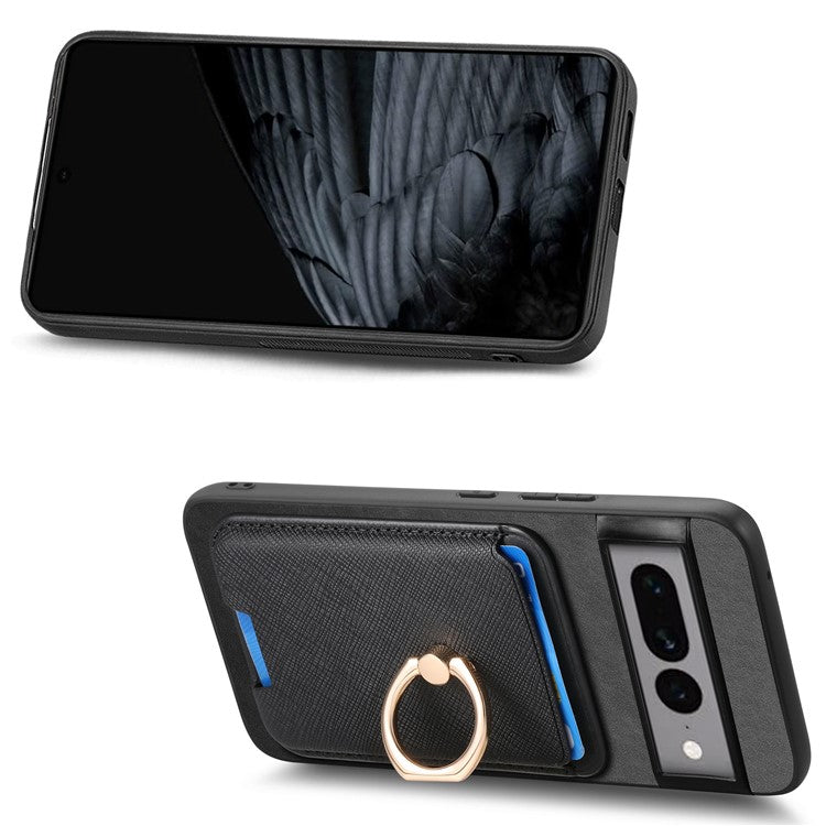 For Google Pixel 7 Pro 5G Magnetic Phone Case with Detachable Ring Holder Card Bag - Black