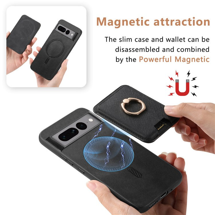 For Google Pixel 7 Pro 5G Magnetic Phone Case with Detachable Ring Holder Card Bag - Black