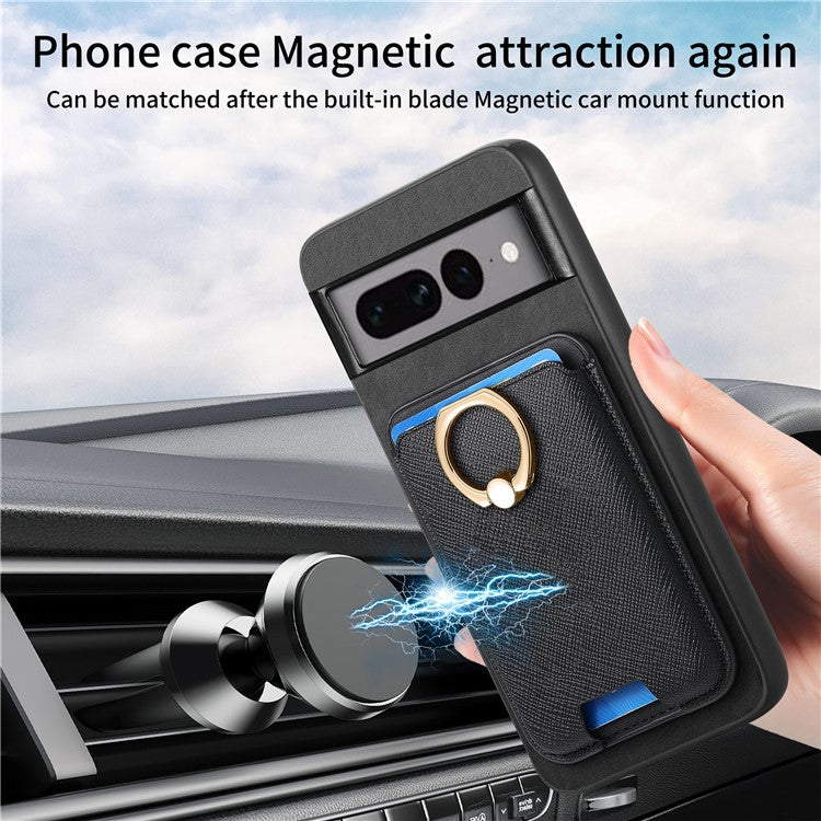 For Google Pixel 7 Pro 5G Magnetic Phone Case with Detachable Ring Holder Card Bag - Black