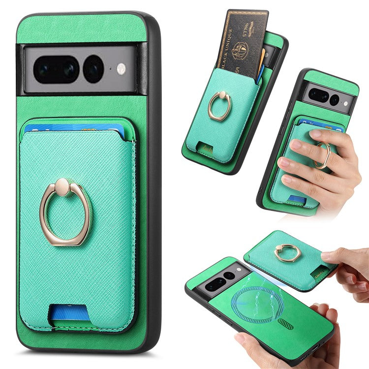 For Google Pixel 7 Pro 5G Magnetic Phone Case with Detachable Ring Holder Card Bag - Green