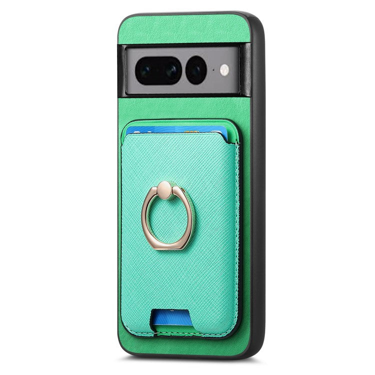 For Google Pixel 7 Pro 5G Magnetic Phone Case with Detachable Ring Holder Card Bag - Green