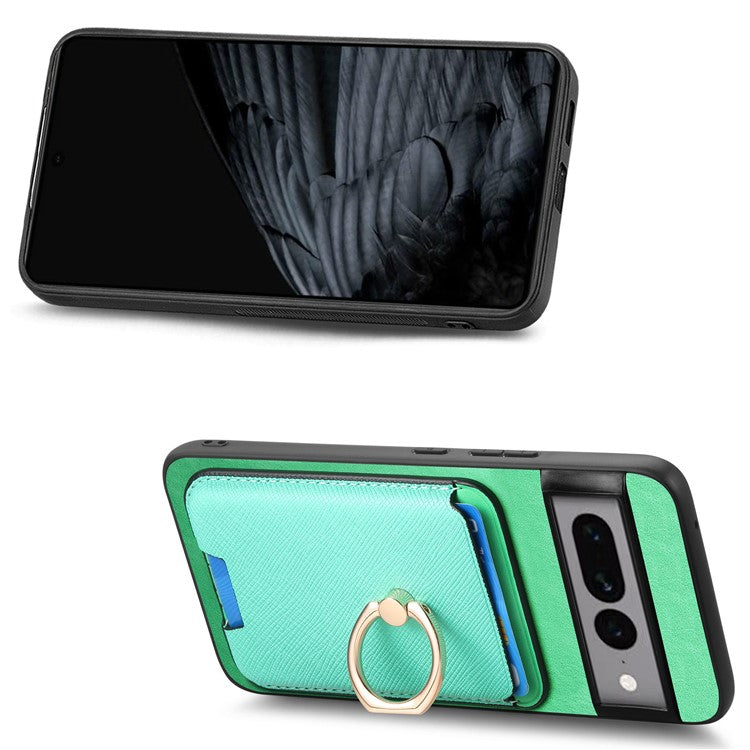 For Google Pixel 7 Pro 5G Magnetic Phone Case with Detachable Ring Holder Card Bag - Green