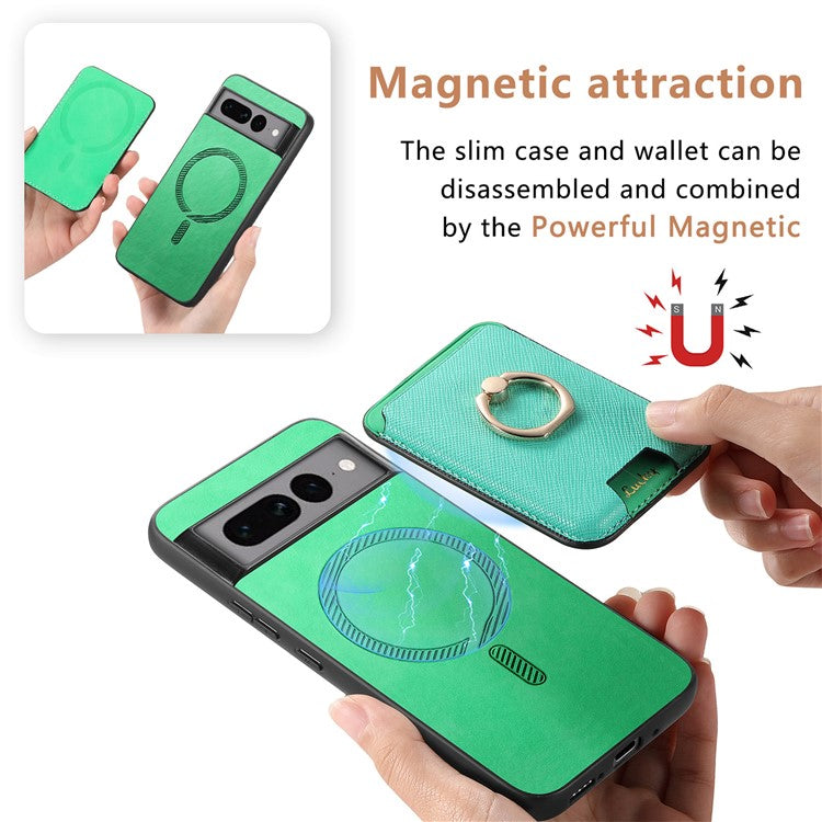 For Google Pixel 7 Pro 5G Magnetic Phone Case with Detachable Ring Holder Card Bag - Green