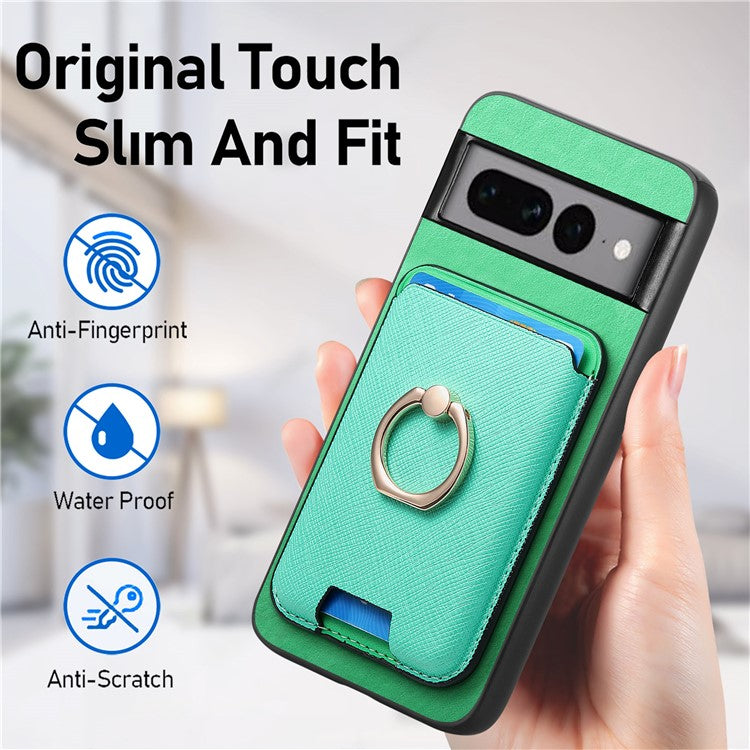 For Google Pixel 7 Pro 5G Magnetic Phone Case with Detachable Ring Holder Card Bag - Green