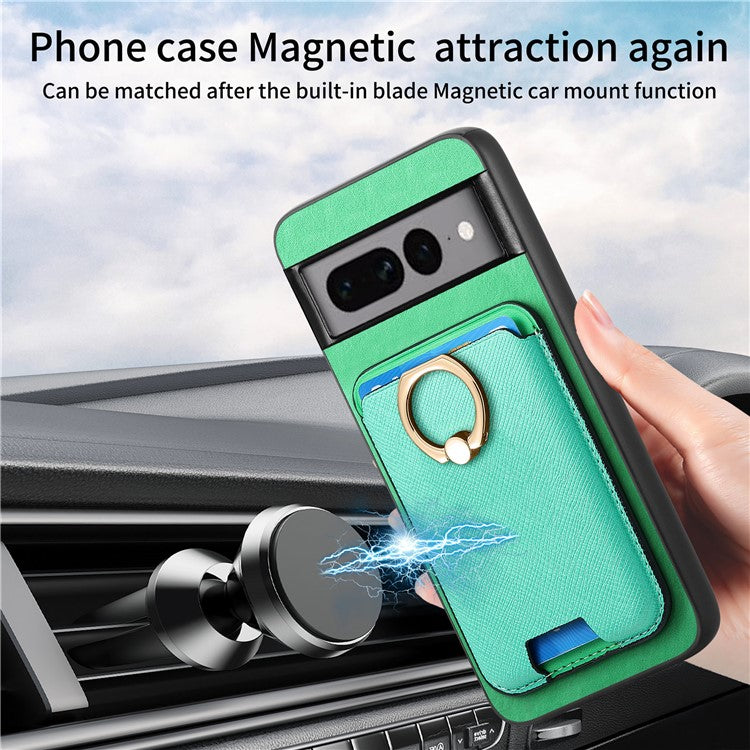 For Google Pixel 7 Pro 5G Magnetic Phone Case with Detachable Ring Holder Card Bag - Green