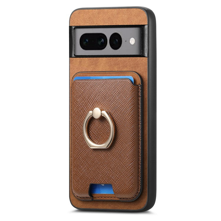 For Google Pixel 7 Pro 5G Magnetic Phone Case with Detachable Ring Holder Card Bag - Brown