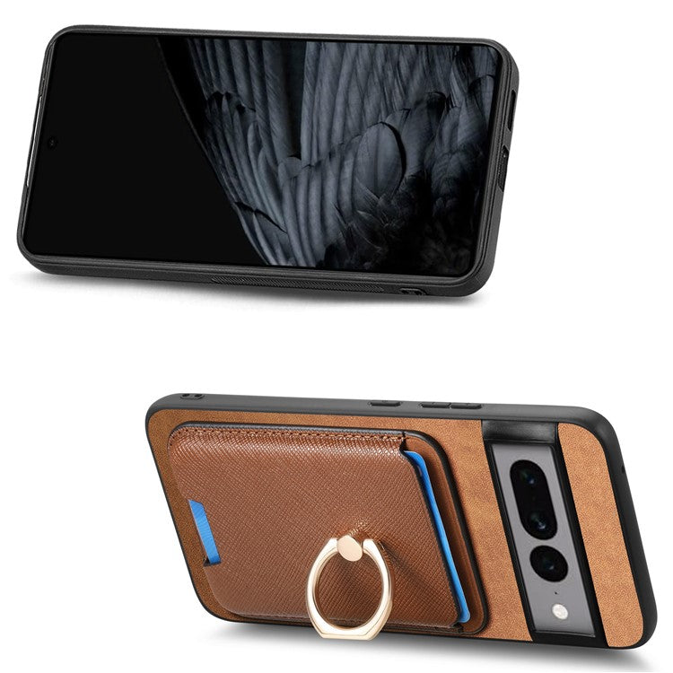 For Google Pixel 7 Pro 5G Magnetic Phone Case with Detachable Ring Holder Card Bag - Brown