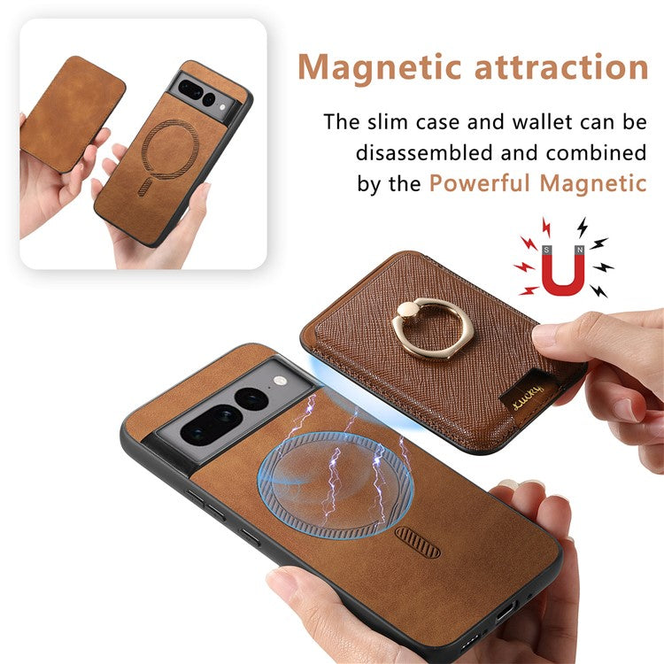 For Google Pixel 7 Pro 5G Magnetic Phone Case with Detachable Ring Holder Card Bag - Brown