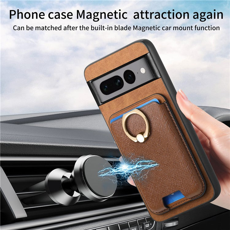 For Google Pixel 7 Pro 5G Magnetic Phone Case with Detachable Ring Holder Card Bag - Brown