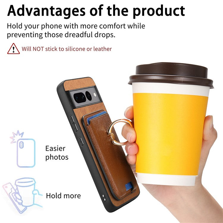 For Google Pixel 7 Pro 5G Magnetic Phone Case with Detachable Ring Holder Card Bag - Brown