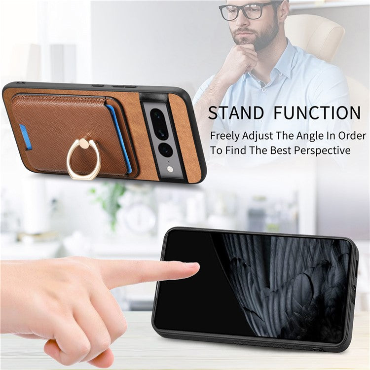 For Google Pixel 7 Pro 5G Magnetic Phone Case with Detachable Ring Holder Card Bag - Brown