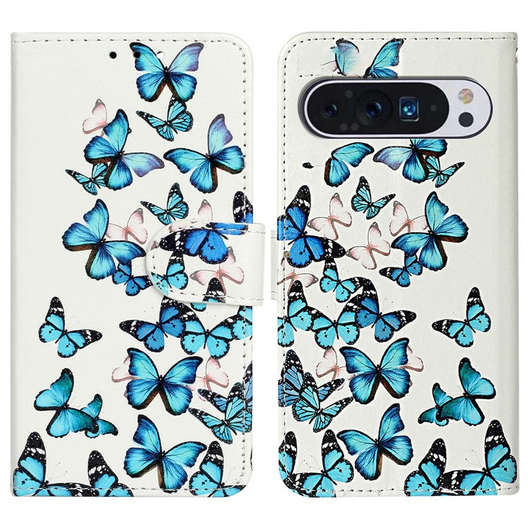 For Google Pixel 9 Pro / Pixel 9 Case Leather Pattern Design Flip Wallet Phone Cover - Blue Butterfly