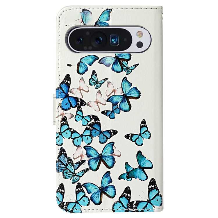 For Google Pixel 9 Pro / Pixel 9 Case Leather Pattern Design Flip Wallet Phone Cover - Blue Butterfly