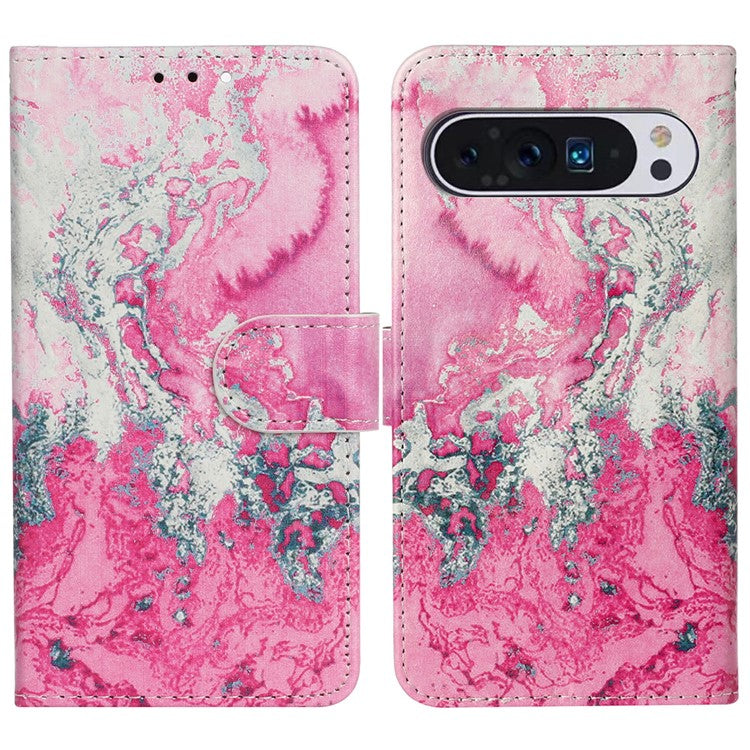 For Google Pixel 9 Pro / Pixel 9 Case Leather Pattern Design Flip Wallet Phone Cover - Pink Seawater Marble