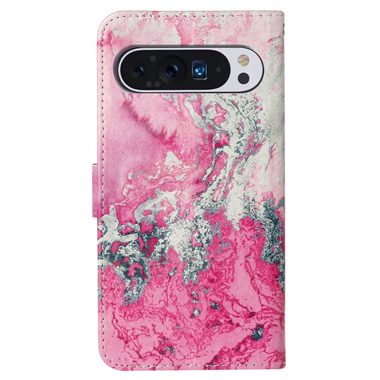 For Google Pixel 9 Pro / Pixel 9 Case Leather Pattern Design Flip Wallet Phone Cover - Pink Seawater Marble