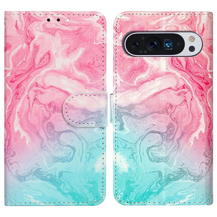 For Google Pixel 9 Pro / Pixel 9 Case Leather Pattern Design Flip Wallet Phone Cover - Pink Green Marble