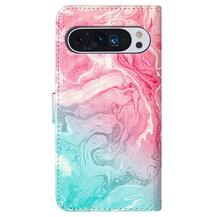 For Google Pixel 9 Pro / Pixel 9 Case Leather Pattern Design Flip Wallet Phone Cover - Pink Green Marble