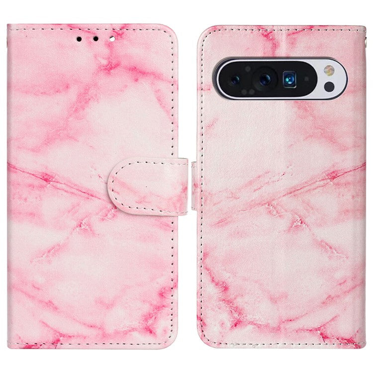 For Google Pixel 9 Pro / Pixel 9 Case Leather Pattern Design Flip Wallet Phone Cover - Pink Marble