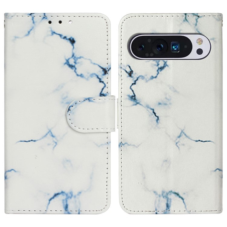 For Google Pixel 9 Pro / Pixel 9 Case Leather Pattern Design Flip Wallet Phone Cover - White Marble