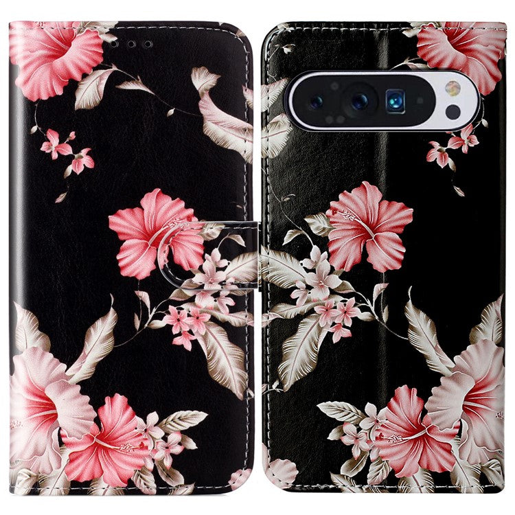 For Google Pixel 9 Pro / Pixel 9 Case Leather Pattern Design Flip Wallet Phone Cover - Rhododendron