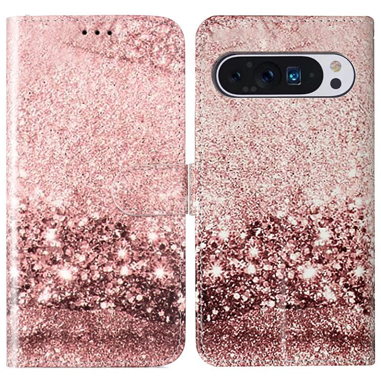 For Google Pixel 9 Pro / Pixel 9 Case Leather Pattern Design Flip Wallet Phone Cover - Rose Gold Marble